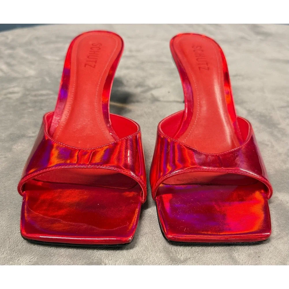 Schutz Sandals Womens 8B Red Holographic Square Toe Heels Slide